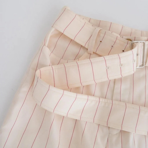 Orseund Iris Cream w Red Pinstripe Wide Leg Mid-Rise Crop Dress Pants Trousers 6 - Picture 12 of 14